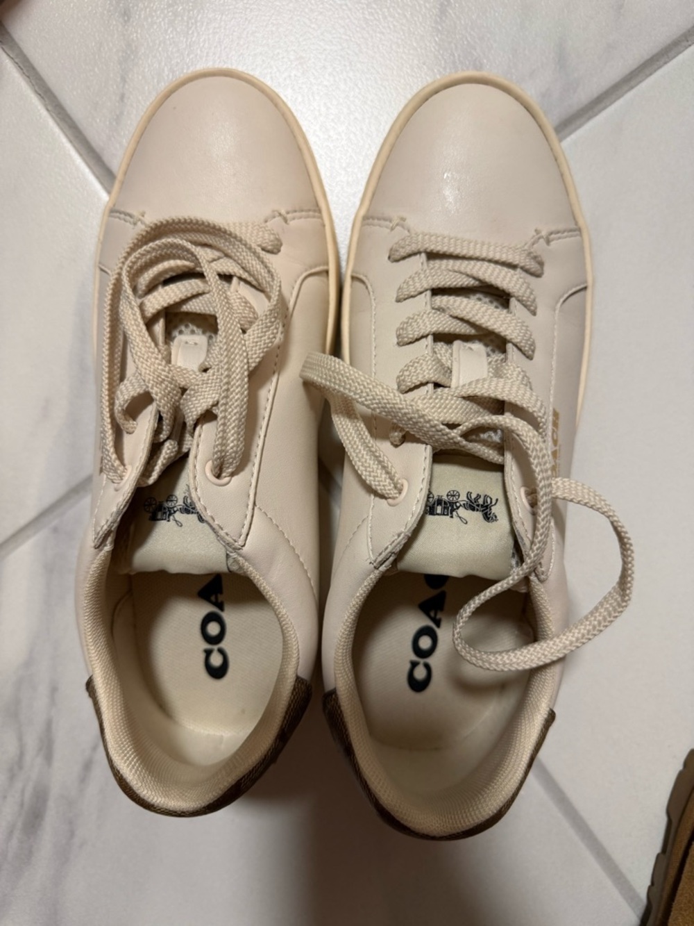 Coach Clip Leather Low Top Sneaker in the Chalk/Khaki colorway